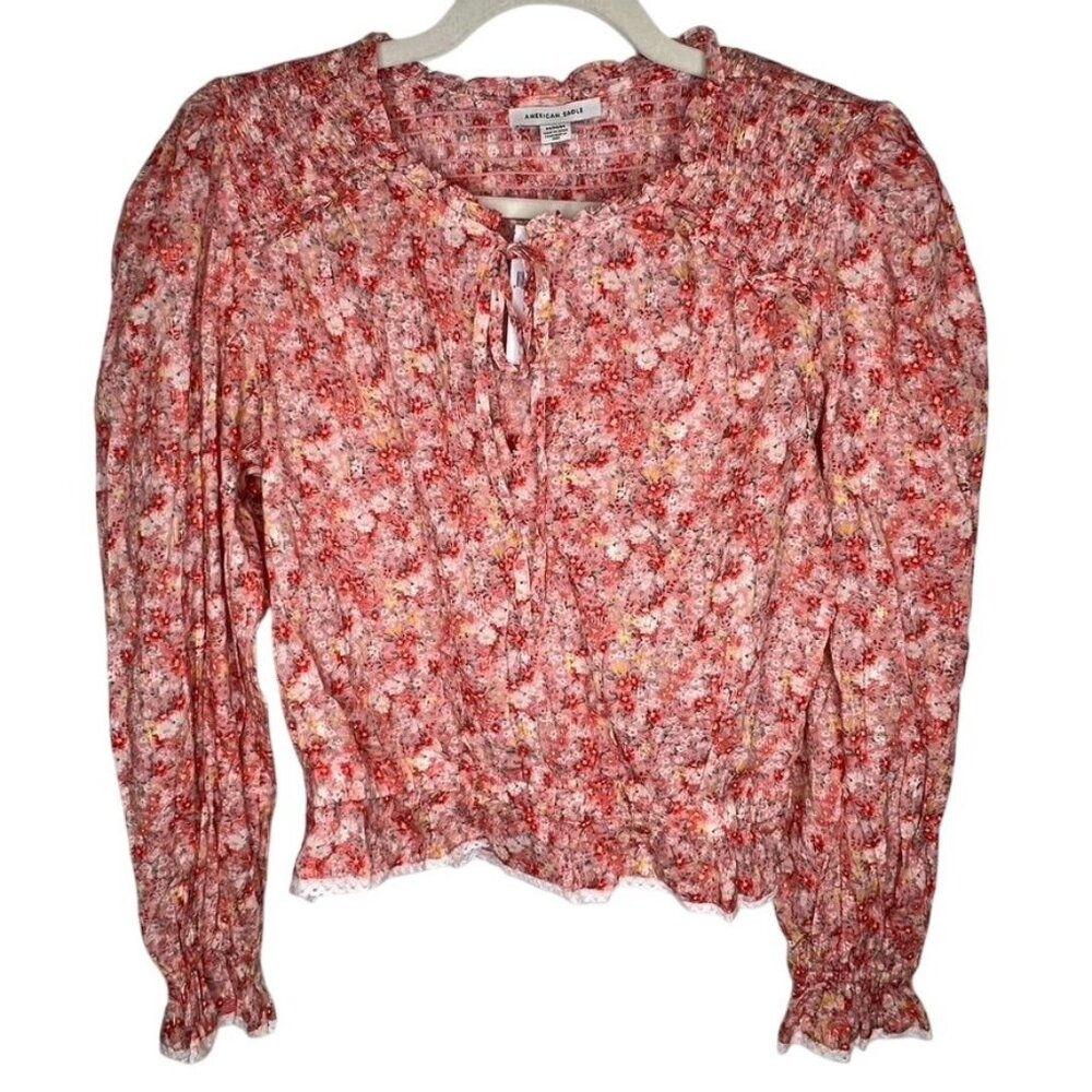 American Eagle Outfitters Womens Floral Long Sleeve Smocked Top M Cotton NWT